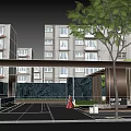 Modern Sales Office Building With Glass Facade And Green Trees In Urban Setting