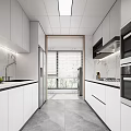Modern Kitchen Interior With White Cabinets Marble Walls Grey Flooring And Open Layout 3d model