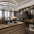 Modern Luxury Walk in Closet Interior With Glass Door Cabinets Wooden Island And Chandelier