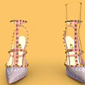 Stylish High Heels With Crisscross Studded Straps Cracked Pattern And Red Heels