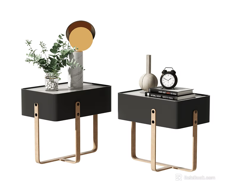 Modern Elegant Nightstands with Green Plant Vase Mirror White Vase Alarm Clock and Stacked Books 3d model 