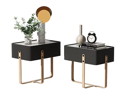 Modern Elegant Nightstands with Green Plant Vase Mirror White Vase Alarm Clock and Stacked Books 3d model