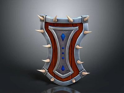 Medieval Shield with Metal Frame Wooden Panel Spiked Decorations and Blue Gemstone Accents 3d model