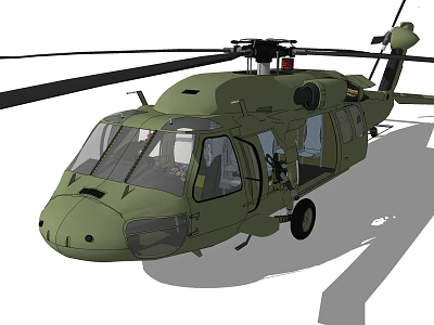 Green Military Helicopter With Rotors Open Door Cockpit And Landing Gear Details 3d model