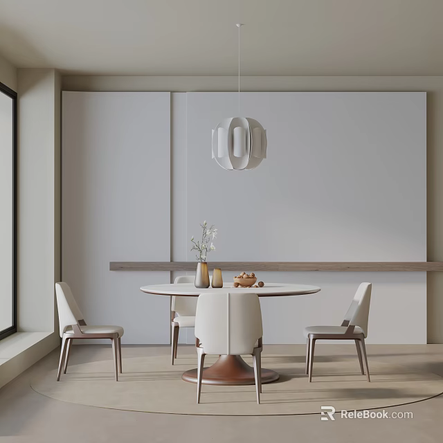 Modern Minimalist Dining Table Set With Round Table Chairs Pendant Light And Decorations 3d model 