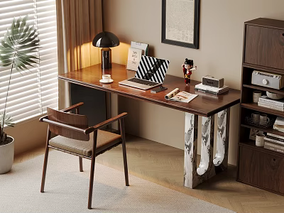 Stylish Home Desk By Window With Table Lamp Notebook Chair Bookshelf And Plant 3d model