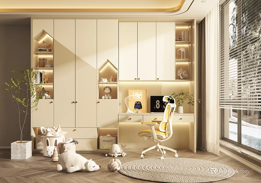 Warm Study Room Desk with White Cabinets Yellow Chair Stuffed Toys Rug and Decorative Items 3d model 