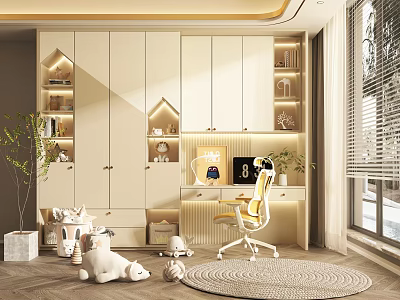 Warm Study Room Desk with White Cabinets Yellow Chair Stuffed Toys Rug and Decorative Items 3d model