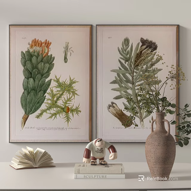 Botanical Wall Art Decor With Vase Open Book And Figurine 3d model 