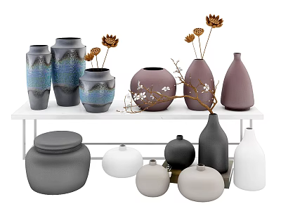 Minimalist Ceramic Vessels Display With Assorted Vases Jars And Dried Flowers On Shelf 3d model
