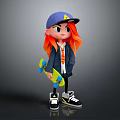 3D Cartoon Character With Orange Hair Blue Cap Holding Yellow Skateboard Wearing Jacket And Sneakers