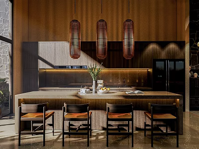 Elegant Restaurant Interior With Wooden Walls Three Hanging Pendant Lights Island Counter And Four Chairs 3d model