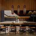 Elegant Restaurant Interior With Wooden Walls Three Hanging Pendant Lights Island Counter And Four Chairs