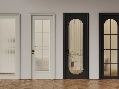 Modern Hinged Doors With White Black Frames Vertical Striped Pane Glass And Arched Top 3d model