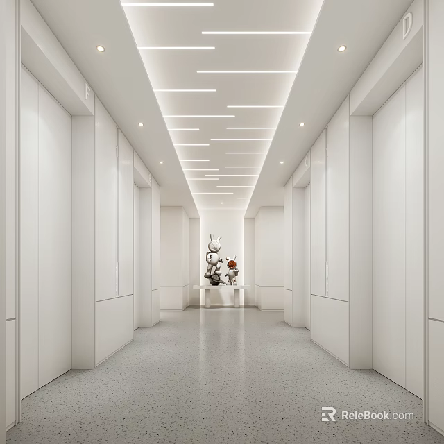 Modern Elevator Lobby Interior With White Walls Linear Ceiling Lights Gray Floor And Decorative Table 3d model 