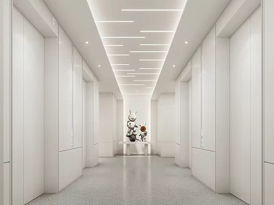 Modern Elevator Lobby Interior With White Walls Linear Ceiling Lights Gray Floor And Decorative Table 3d model