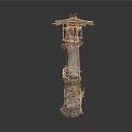 Traditional Architectural Tower with Wooden Roof Stone Base and Decorative Elements