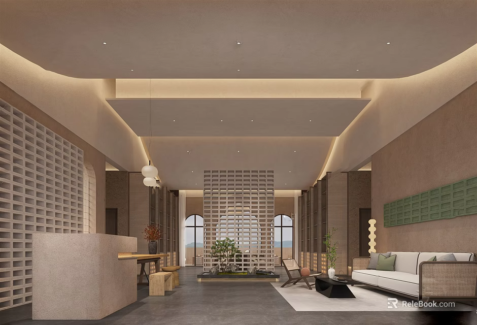 Elegant Modern Hotel Lobby With Reception Desk Latticed Screen Pendant Lights Sofa And Plants 3d model 