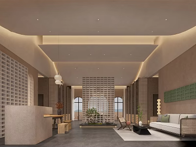 Elegant Modern Hotel Lobby With Reception Desk Latticed Screen Pendant Lights Sofa And Plants 3d model