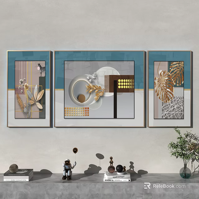Modern Three Panel Wall Art With Teal Gold Geometric Patterns And Leaf Motifs 3d model