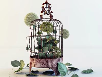 Interior Decorative Arrangement of Flowers and Green Leaves in Vintage Rustic Cage with Hydrangea Blooms 3d model