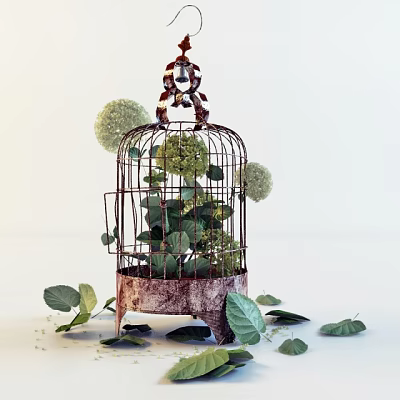 Interior Decorative Arrangement of Flowers and Green Leaves in Vintage Rustic Cage with Hydrangea Blooms 3d model