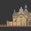 Cartoon Style 3D Model House with Orange Roof Multiple Spires Towers Windows and Entrance Plaza