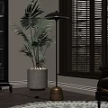 Modern Floor Lamp In Living Room With Potted Plant And Wooden Blinds Window