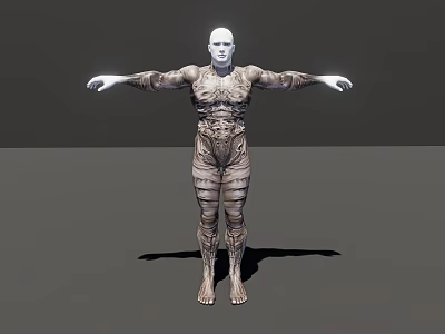 Game Movie Character 3D Model With Intricate Bandage Like Striped Design And Outstretched Arms 3d model