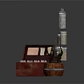 Wooden Chest With Small White Items And Silver Gold Cylindrical Cans Near Decorative Wooden Barrel