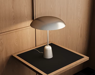 Modern Round Silver Table Lamp With Metallic Base On Black Tabletop Against Wooden Wall 3d model
