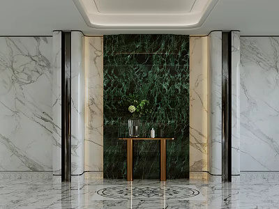 Elegant Modern Foyer Hallway With Green Marble Backdrop Wooden Console Table And Patterned Floor 3d model