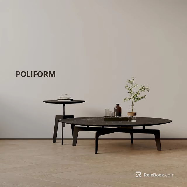 Poliform Modern Sofa Coffee Table Set With Round Table Side Table Green Plant And Books 3d model