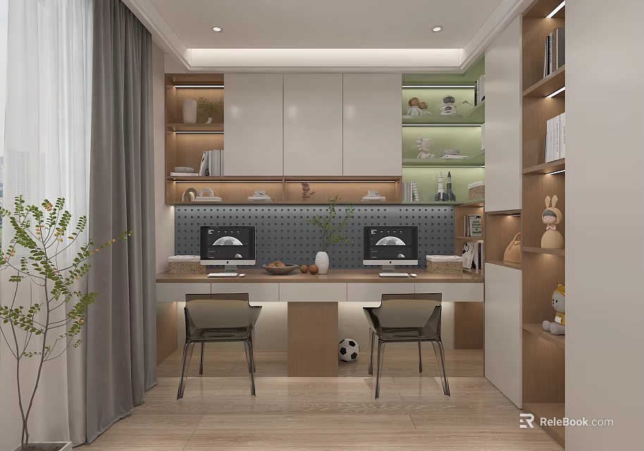Modern Study Room Interior With Desks Computers Bookshelves And Decor 3d model