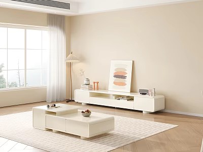 White Modern TV Stand in Bright Living Room with Coffee Table Wall Art and Rug 3d model