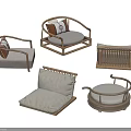 Wooden Frame Furniture Collection With Upholstered Cushions Armchair Round Seat And Wicker Cabinet