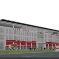 Modern Fire Station Building Exterior With Red Doors Fire Engines And Emblem Under Blue Sky