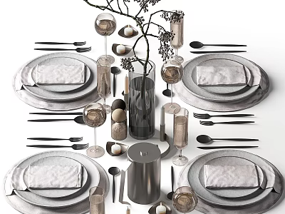 Elegant Modern Tableware Set With Plates Cutlery Wine Glasses Napkins Vase And Candle Holders 3d model
