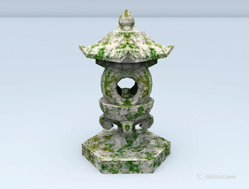 Traditional Stone Lantern With Mossy Surface And Pagoda Style Top Hexagonal Base 3d model 