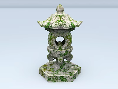 Traditional Stone Lantern With Mossy Surface And Pagoda Style Top Hexagonal Base 3d model