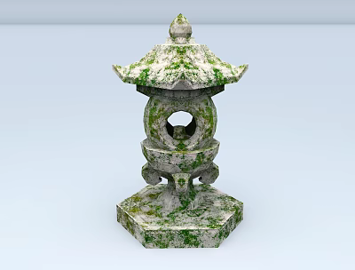 Traditional Stone Lantern With Mossy Surface And Pagoda Style Top Hexagonal Base 3d model