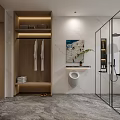 Modern Bathroom Interior With Glass Shower Double Vanity Washing Machine Marble Countertop And Wooden Cabinets