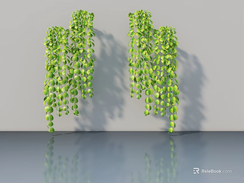 Lush Green Hanging Vines With Dense Leaves Against Gray Wall And Reflection 3d model 