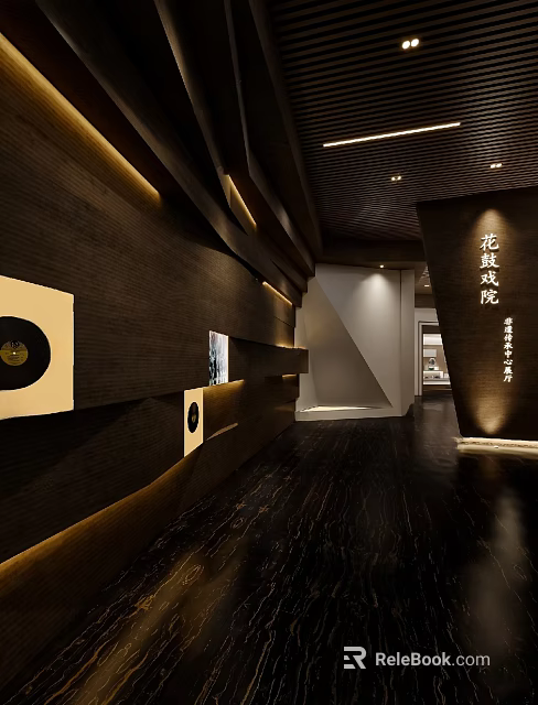 Kunqu Opera Experience Hall Interior With Wooden Decor And Lighting Display Areas 3d model 