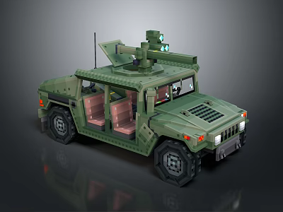 Green Military Off-Road Vehicle Building Block Model with Open Doors Interior Seats and Roof Equipment 3d model