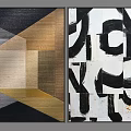 Modern Abstract Two Piece Wall Art With Geometric Patterns And Black Brush Strokes 3d model