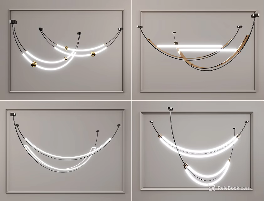 Modern Curved Line Chandelier With LED Strips And Sleek Metallic Design 3d model 