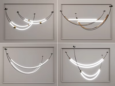 Modern Curved Line Chandelier With LED Strips And Sleek Metallic Design 3d model