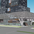 Modern High Rise Office Building With Glass Curtain Wall And Urban Green Landscaping Design