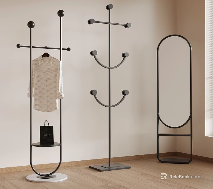 Three Modern Metal Clothes Racks With Hanging Shirt Multiple Hooks And Standing Mirror 3d model 